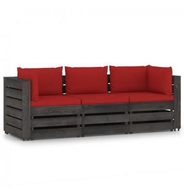Trivietė sodo sofa su pagalvėlėmis, pilkai impregnuota mediena - Lauko baldų komplektai - 1