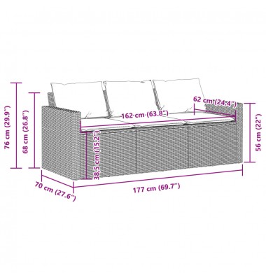  Trivietė sodo sofa su pagalvėlėmis, juodos spalvos, poliratanas - Lauko sofos, lovos - 8