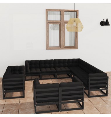  Sodo komplektas su pagalvėmis, 11 dalių, juodas, pušies masyvas - Lauko baldų komplektai - 1