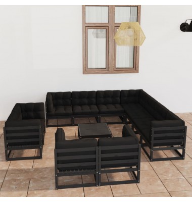  Sodo komplektas su pagalvėmis, 12 dalių, juodas, pušies masyvas - Lauko baldų komplektai - 1