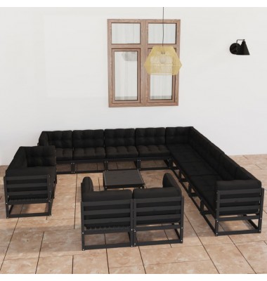  Sodo komplektas su pagalvėmis, 14 dalių, juodas, pušies masyvas - Lauko baldų komplektai - 1