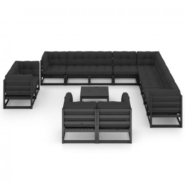  Sodo komplektas su pagalvėmis, 14 dalių, juodas, pušies masyvas - Lauko baldų komplektai - 3