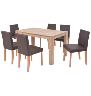  Valgomojo stalas ir kėdės, 7vnt., dirbtinė oda, ąžuolas, ruda - Valgomojo, baro komplektai - 2