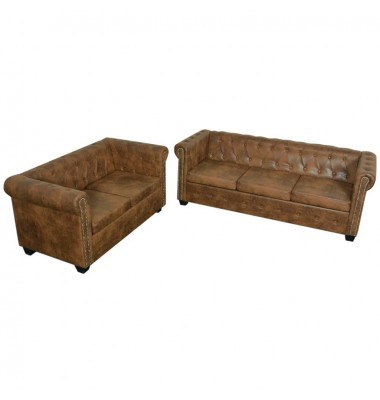  Chesterfield 2-vietės ir 3-vietės sofų komplektas, ruda dirbtinė oda  - Sofos, sofos-lovos - 1
