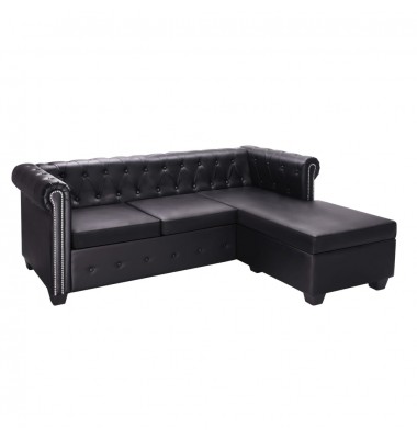 L-formos Chesterfield sofa, dirbtinė oda, juoda - Minkšti kampai - 1