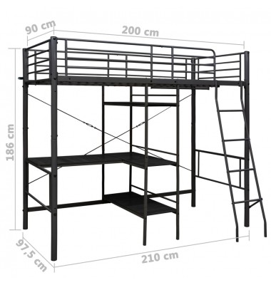 Dviaukštė lova su stalu, juodos spalvos, 90x200cm, metalas - Dviaukštės lovos - 7