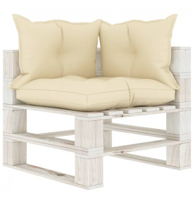  Kampinė sodo sofa iš palečių su kreminėmis pagalvėmis, mediena