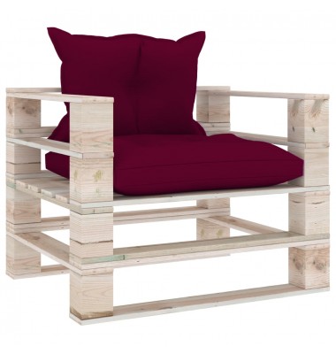  Sodo sofa iš palečių su raudonomis pagalvėlėmis, pušies mediena