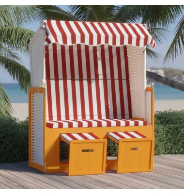  Paplūdimio kėdė su stogeliu, raudona/balta, poliratanas/mediena - Gultai, šezlongai - 1