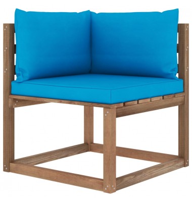 Kampinė sodo sofa iš palečių su šviesiai mėlynomis pagalvėlėmis - Moduliniai lauko baldai