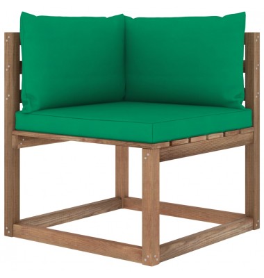 Kampinė sodo sofa iš palečių su žaliomis pagalvėlėmis - Moduliniai lauko baldai