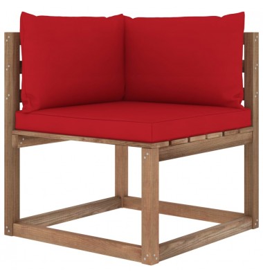 Kampinė sodo sofa iš palečių su raudonomis pagalvėlėmis - Moduliniai lauko baldai