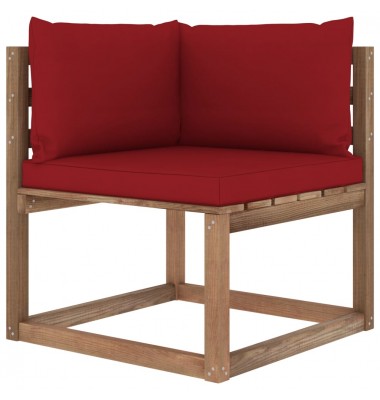 Kampinė sodo sofa iš palečių su vyno raudonomis pagalvėlėmis - Moduliniai lauko baldai