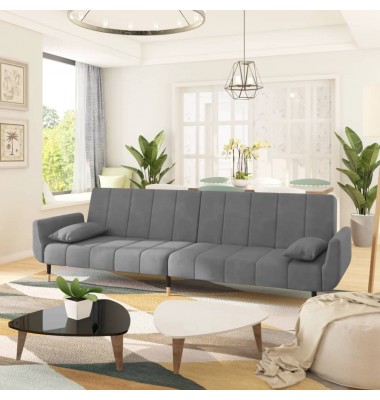  Dvivietė sofa-lova su dvejomis pagalvėmis, pilka, aksomas - Sofos, sofos-lovos - 1