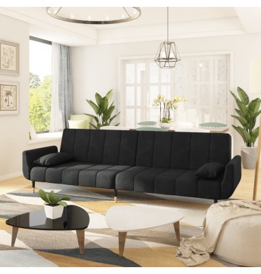  Dvivietė sofa-lova su dvejomis pagalvėmis, juoda, aksomas - Sofos, sofos-lovos - 1