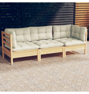  Trivietė sodo sofa su kreminėmis pagalvėlėmis, pušies masyvas - Lauko sofos, lovos - 1