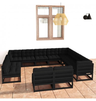  Sodo komplektas su pagalvėmis, 12 dalių, juodas, pušies masyvas - Lauko baldų komplektai - 1