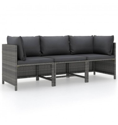 Trivietė sodo sofa su pagalvėlėmis, pilkos spalvos, poliratanas - Moduliniai lauko baldai - 1