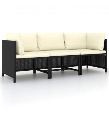 Trivietė sodo sofa su pagalvėlėmis, juodos spalvos, poliratanas - Moduliniai lauko baldai - 1