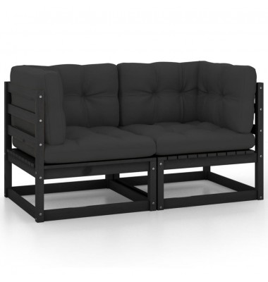 Dvivietė sodo sofa su pagalvėlėmis, juoda, pušies masyvas - Moduliniai lauko baldai - 1