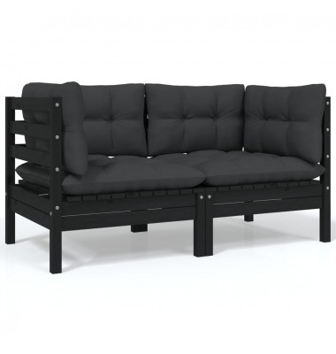 Dvivietė sodo sofa su pagalvėlėmis, juoda, pušies masyvas - Moduliniai lauko baldai - 1