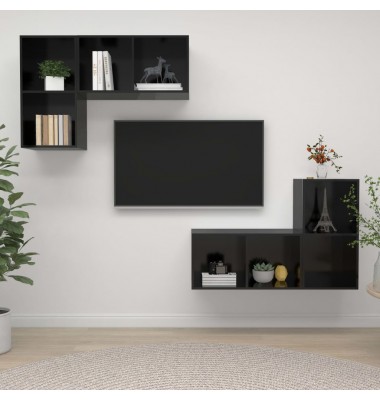  Sieninės televizoriaus spintelės, 4vnt., juodos, MDP, blizgios  - TV spintelės - 1