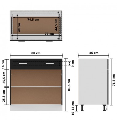  Apatinė spintelė su stalčiumi, juoda, 80x46x81,5cm, MDP - Virtuvės spintelės - 10