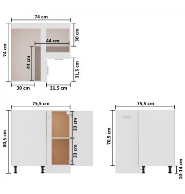  Apatinė kampinė spintelė, balta, 75,5x75,5x80,5cm, MDP - Virtuvės spintelės - 10