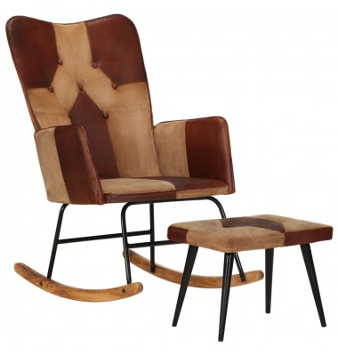  Supama kėdė su pakoja, rudos spalvos, tikra oda ir drobė - Supamos kėdės - 1