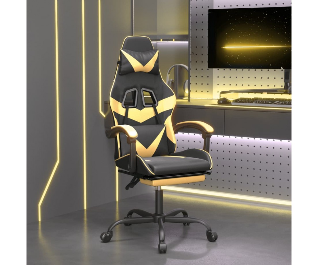  Pasukama žaidimų kėdė su pakoja, juoda ir auksinė, dirbtinė oda - Žaidimų kėdės - 1