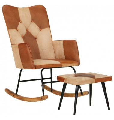  Supama kėdė su pakoja, rudos spalvos, tikra oda ir drobė - Supamos kėdės - 1