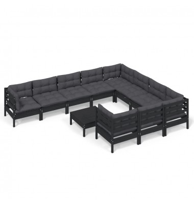  Sodo komplektas su pagalvėmis, 11 dalių, juodas, pušies mediena - Lauko baldų komplektai - 2