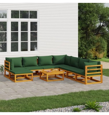  Sodo komplektas su žaliomis pagalvėlėmis, 9 dalių, mediena - Lauko baldų komplektai - 1