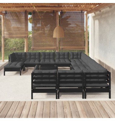  Sodo komplektas su pagalvėmis, 13 dalių, juodas, pušies mediena - Lauko baldų komplektai - 1