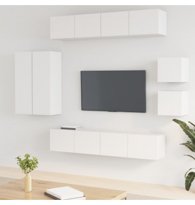  Televizoriaus spintelių komplektas, 8 dalių, baltas, mediena - TV spintelės - 1