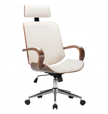 Pasukama biuro kėdė su atlošu galvai, kreminė, dirbtinė oda, mediena - Biuro kėdės - 1