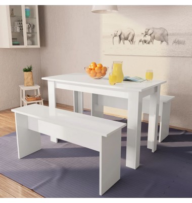  Valgomojo stalas su suolais, 3vnt, med. drožlių plokštė, balta  - Valgomojo, baro komplektai - 1