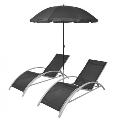 Saulės gultas su skėčiu, aliuminis, juodas - Gultai, šezlongai - 1