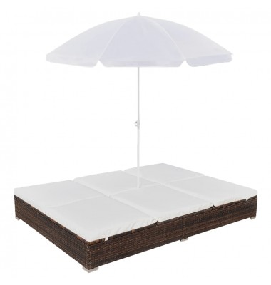  Saulės gultas su skėčiu, poliratanas, rudas - Gultai, šezlongai - 1