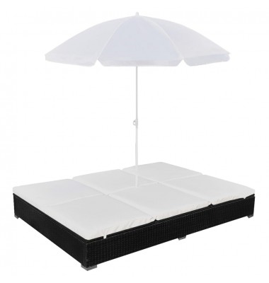  Lauko saulės gultas su skėčiu, poliratanas, juodas - Gultai, šezlongai - 1