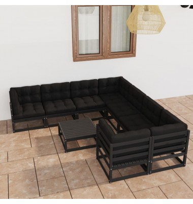  Sodo komplektas su pagalvėmis, 9 dalių, juodas, pušies masyvas - Lauko baldų komplektai - 1