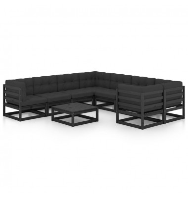  Sodo komplektas su pagalvėmis, 9 dalių, juodas, pušies masyvas - Lauko baldų komplektai - 2