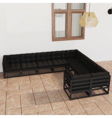  Sodo komplektas su pagalvėmis, 9 dalių, juodas, pušies masyvas - Lauko baldų komplektai - 1