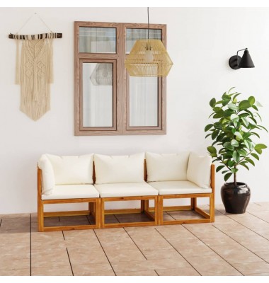 Trivietė sodo sofa su pagalvėlėmis, kreminė, akacijos masyvas - Lauko baldų komplektai - 1