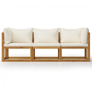 Trivietė sodo sofa su pagalvėlėmis, kreminė, akacijos masyvas - Lauko baldų komplektai - 3