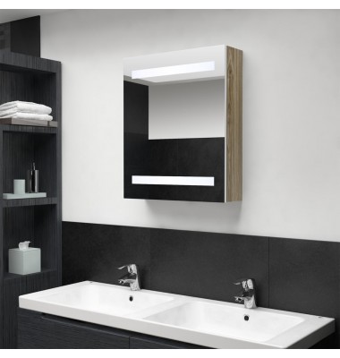  Veidrodinė vonios spintelė su LED, balta ir ąžuolo, 50x14x60cm - Vonios spintelės, veidrodžiai - 1