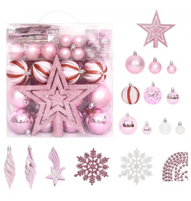  Kalėdinių žaisliukų rinkinys, 65vnt., rožiniai/raudoni/balti - Kalėdinės dekoracijos - 1