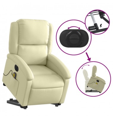  Atsistojantis elektrinis masažinis krėslas, kreminis, tikra oda - Foteliai, krėslai - 10