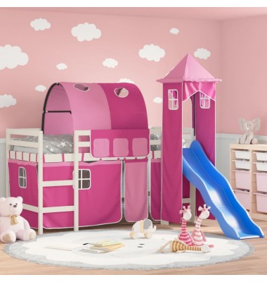 Aukšta vaikiška lova su bokštu, rožinė, 80x200cm, pušis - Lovos - 1
