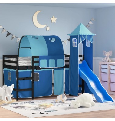 Aukšta vaikiška lova su bokštu, mėlyna, 90x200cm, pušis - Lovos - 1